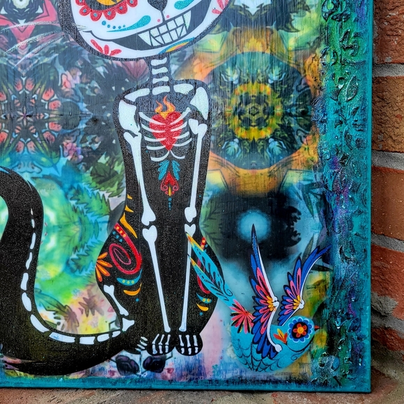 Sugar Skull Cat and Sparrow Day of Dead Painting Large 16x20 Canvas Handmade - Picture 7 of 10